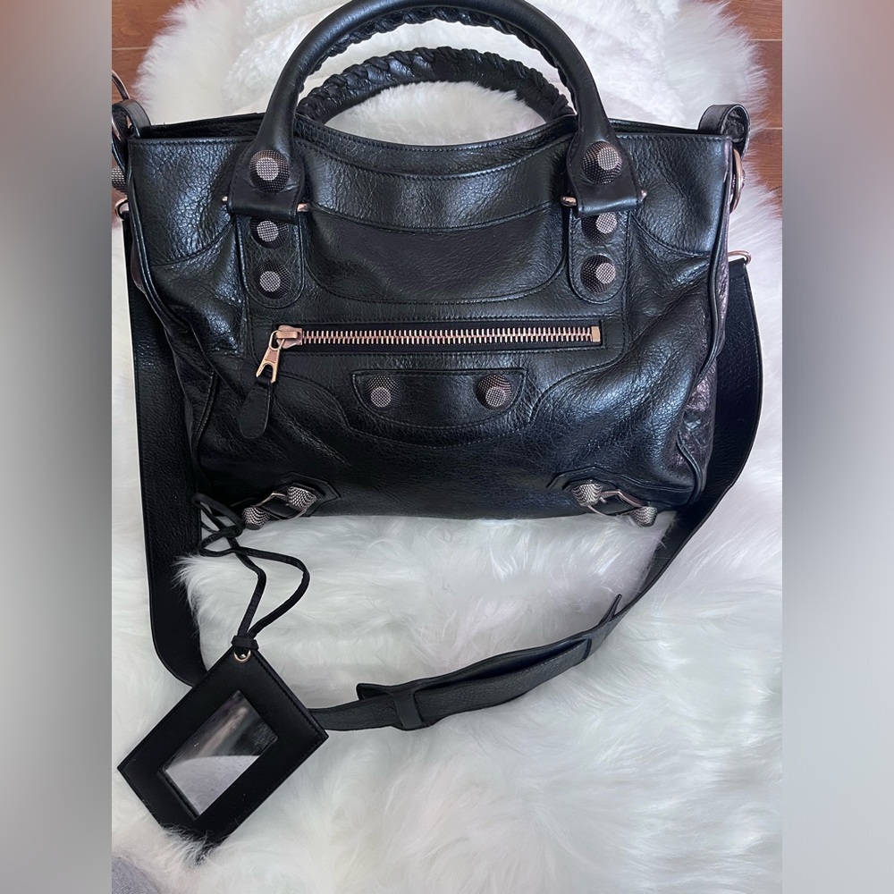 COPY - Balenciaga Black Classic City Bag with Big Rose Gold Studs, Lambskin lea…